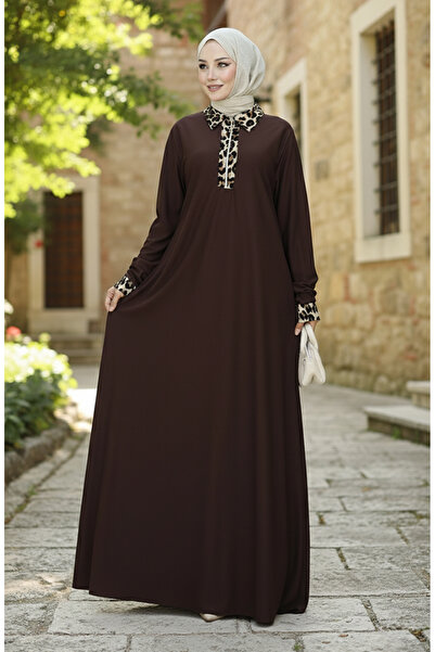 sefamerve Leopar Desenli Elbise 0119-04 Kahverengi