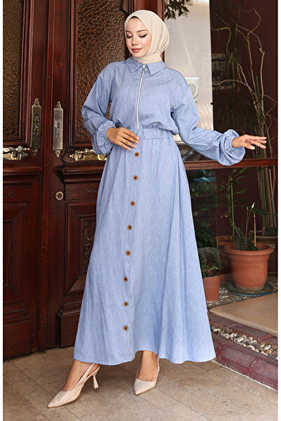 sefamerve Double Suit with Elastic Sleeves and Zippered Denim Skirt 0135-01 Denim Blue