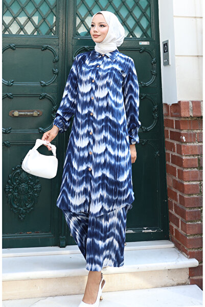 sefamerve Παντελόνι από ύφασμα βισκόζης Τουνίκ Διπλό Σετ 0142-03 Σκούρο Μπλε