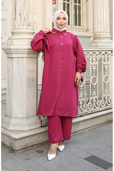 sefamerve Aerobin Fabric Buttoned Tunic Trousers Double Suit 2147-02 Fuchsia