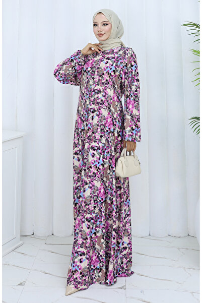 sefamerve Desenli Penye Elbise 2135C-01 Lila