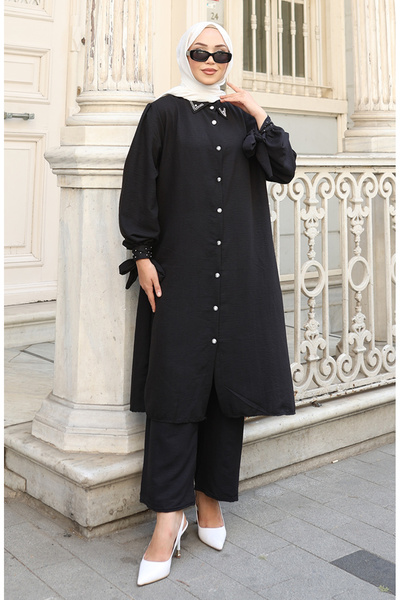 sefamerve Aerobin Fabric Buttoned Tunic Trousers Double Suit 2147-05 Black