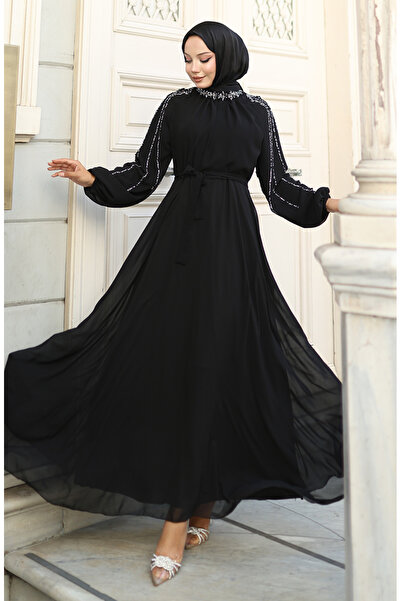 sefamerve Kolu Taşlı Şifon Abiye Elbise 5804-01 Siyah