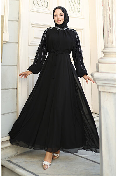 sefamerve Kolu Taşlı Şifon Abiye Elbise 5804-01 Siyah