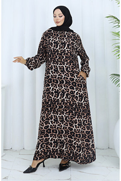sefamerve Boydan Düğmeli Leopar Desenli Elbise 0137-01 Kahverengi Siyah