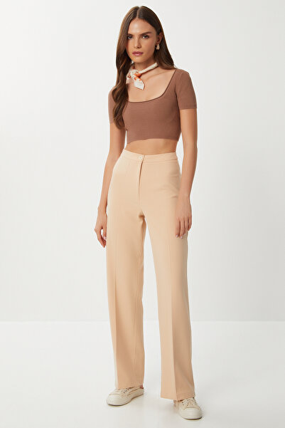 Lovelyİstanbul Stitched Straight Polyviscon Pants Lgp0023 Dark Cream