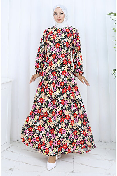 sefamerve Desenli Penye Elbise 2135F-01 Pembe Kırmızı