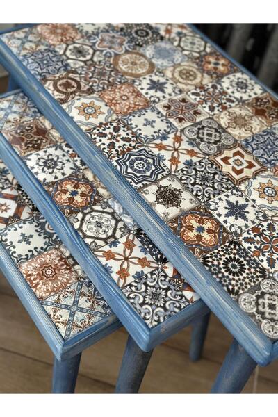 SİNA HOME DESİGNS Ceviz Sehpa Seramik Sehpa 3'lü Zigon Sehpa Takımı