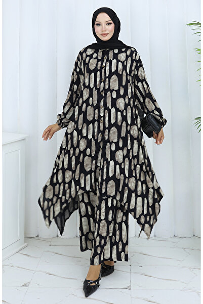 sefamerve Viscose fabric tunic pants double set 2138-03 black gray