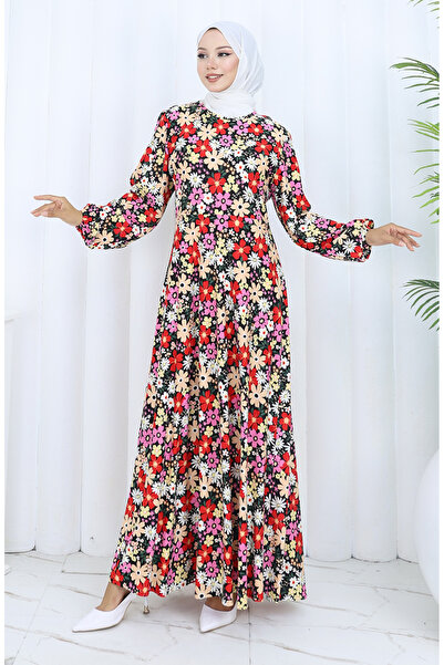 sefamerve Desenli Penye Elbise 2135F-01 Pembe Kırmızı