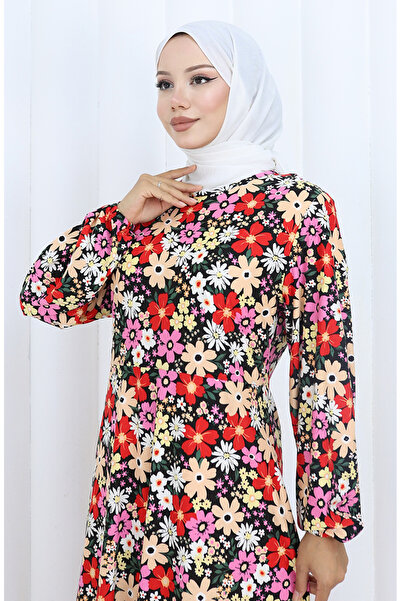 sefamerve Desenli Penye Elbise 2135F-01 Pembe Kırmızı