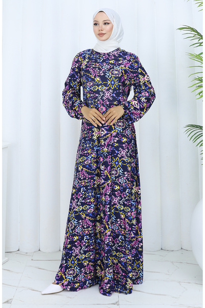 sefamerve Desenli Penye Elbise 2135-03 Lacivert Pembe