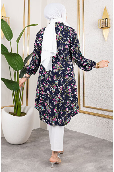 sefamerve Asel Çiçekli Viskon Tunik 0174-03 Lacivert
