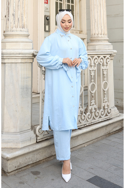 sefamerve Aerobin Fabric Buttoned Tunic Trousers Double Set 2147-07 Baby Blue