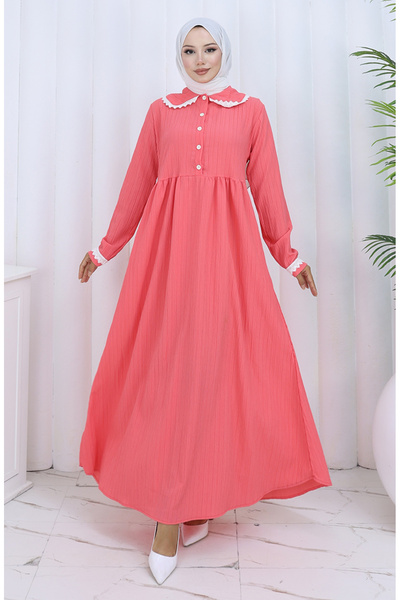 sefamerve Yarım Düğmeli Dantelli Elbise 2145-01 Pembe