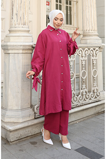 sefamerve Aerobin Fabric Buttoned Tunic Trousers Double Suit 2147-02 Fuchsia