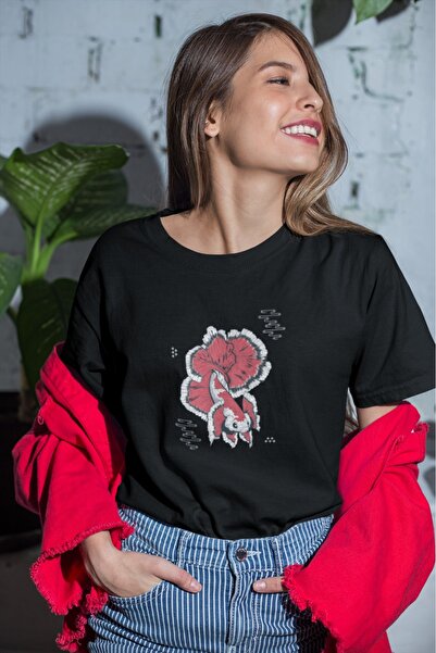 ArtYus تي شيرت نسائي/بناتي بطباعة سمكة يابانية وياقة مستديرة وأكمام قصيرة