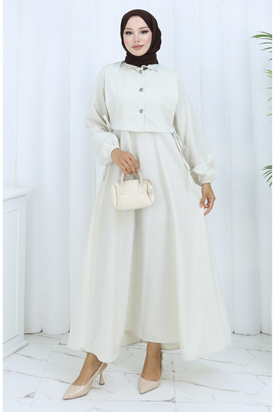 sefamerve Linen Vest Dress Two Piece Set 2141-04 Beige