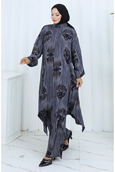 sefamerve Παντελόνι από ύφασμα βισκόζης Τουνίκ Διπλό Σετ 2143-02 Γκρι