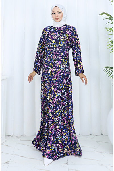 sefamerve Desenli Penye Elbise 2135-03 Lacivert Pembe