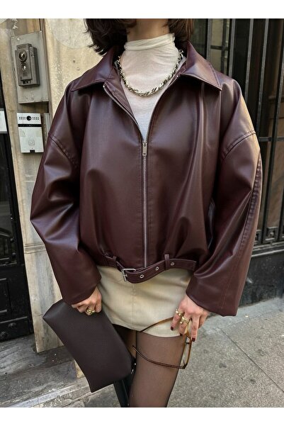 Helen Goods Yeni Sezon Bomber Oversize Kadın Deri Ceket