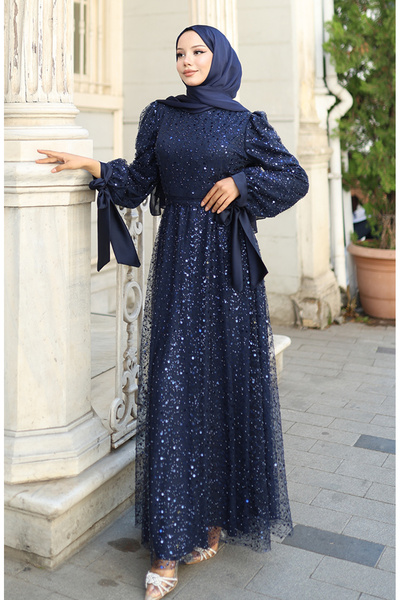 sefamerve Βραδινό φόρεμα με χάντρες 5801-05 Σκούρο μπλε