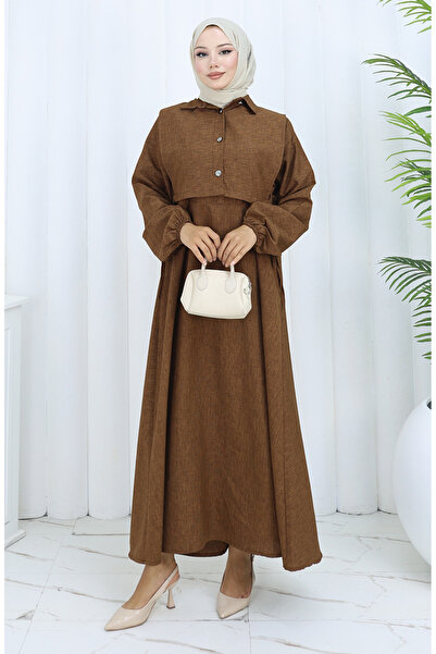 sefamerve Linen Vest Dress Two-Piece Set 2141-03 Brown