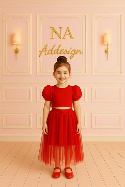 NA ADDESIGN Girl's Suit with Double Fabric Tulle Skirt (Black, White, Red, Fuchsia, Saks, Purple, Green, Light Pink, Baby Blue)