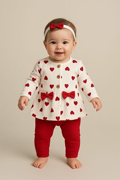 MixMax Bebe Baby Girl Bandana with Heart Pattern Ribbon Detailed 3-Piece Baby Set