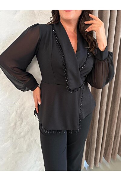 Butik Nilyam Women's Large Size Double Breasted Collar Stone Detailed Jacket Front Piece Chiffon Sleeve Blouse Pants Set 24727