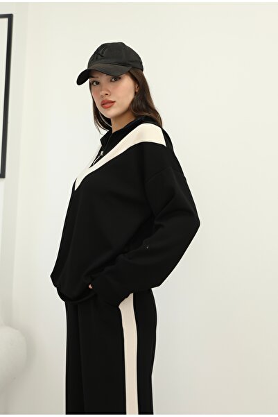 02Lady Fashion Half-Zipper Garnished Stripe Detailed Modal Fabric Tracksuit Set