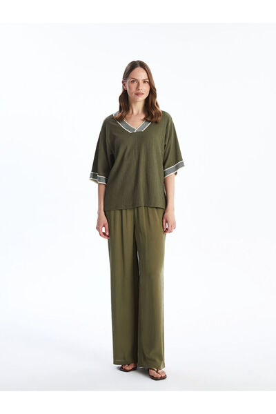 LC Waikiki Khaki Elastic Waist Textured Wide Leg Women's Trousers