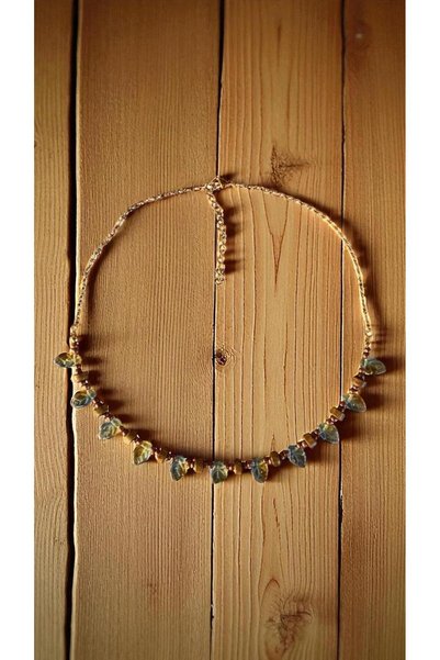 Bensei Takı Dükkanı Bensei Glass and Natural Wood Beaded Necklace with Steel Lock and Steel Chain