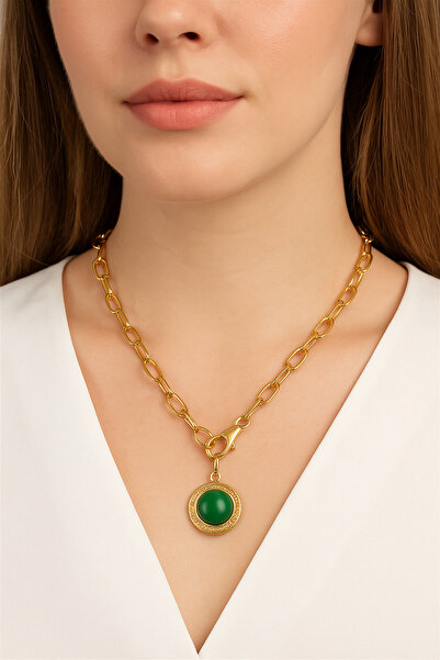 By Zeyna Aksesuar قلادة بمشبك أمامي على شكل قلادة بيضاوية من الأحجار الكريمة ...