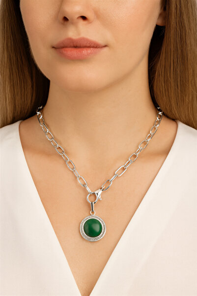 By Zeyna Aksesuar Oval Colored Stone Medallion Front Clip Necklace