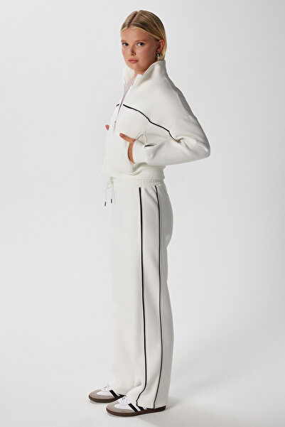 Ritnice Women's Lexi Fleece Lined Striped Ecru Bottom and Top Tracksuit Set