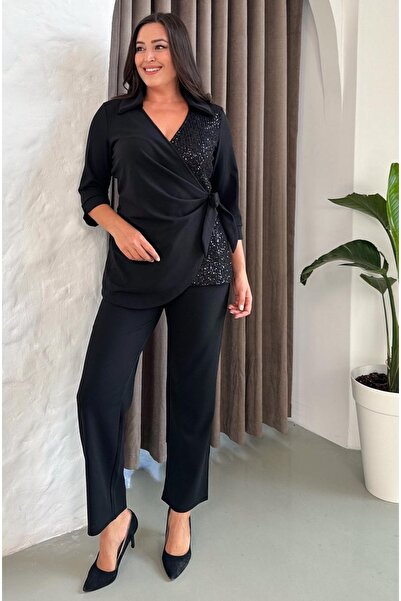 Butik Nilyam Γυναικείο κοστούμι βραδινό φόρεμα με μακρυμάνικο λεπτομέρεια με παγιέτες μεγάλου μεγέθους διπλό πέτο 24717