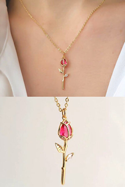 Tilde Zarif Kırmızı Taşlı Lale Kolye Altın ve Gümüş Renk Seçenekli Paslanmaz ...