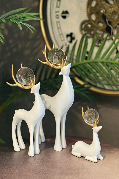 sahane & bazaar 3’LÜ KRİSTAL KÜRELİ BEYAZ RENK GEYİK AKSESUAR & DEKOR OBJE