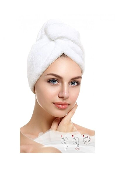 Skygo 1 Adet Beyaz Mikrofiber Düğmeli Lastikli Banyo Pilaj Havuz Saç Bonesi S...