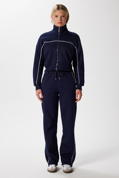 Ritnice Women's Lexi Fleece Lined Striped Navy Blue Top and Bottom Tracksuit Set