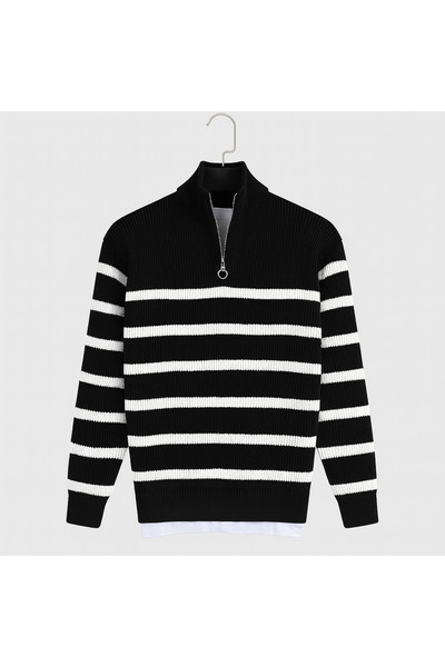 oneoff Men's Ribbed Half Zipper Collar Detailed 3-Striped Sweater