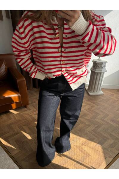 Sachistanbul Red Striped Gold Buttoned Cardigan