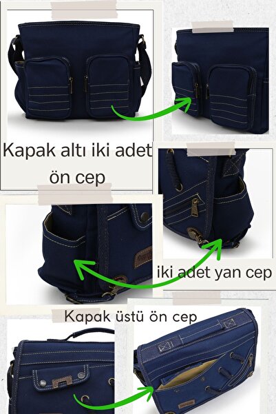 Cappadocia Vintage 4017 Navy Blue 14-Inch Laptop Canvas Messenger School Bag Unisex with Lock Multi-Pocket Shoulder Strap