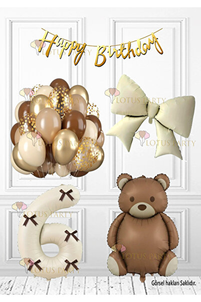 LOTUS PARTY Fiyonk Doğum seti Kahverengi Ayı Kurdaleli Rakam Krem Fiyonk Gold...