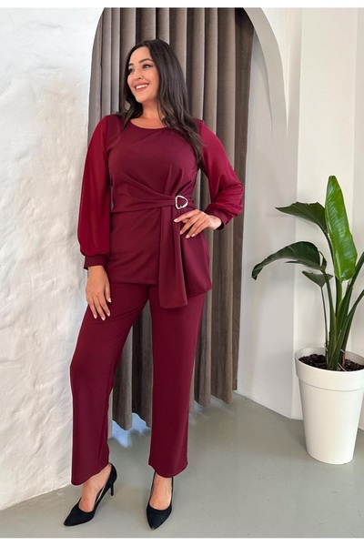 Butik Nilyam Women's Plus Size Chiffon Sleeve Crew Neck Brooch Blouse Pants Set 24917