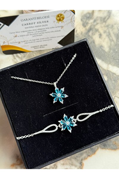 carrot silver 925 Ayar Gümüş Aqua Taşlı Manolya Çiçeği Kolye ve Bileklik Seti...