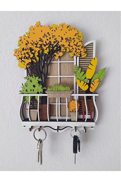 Home Ahşap Dekoratif Hediyelik Sonbahar Çiçekli Balkon Temalı Anahtarlık Askı...
