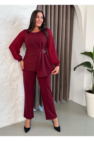 Butik Nilyam Women's Plus Size Chiffon Sleeve Crew Neck Brooch Blouse Pants Set 24917