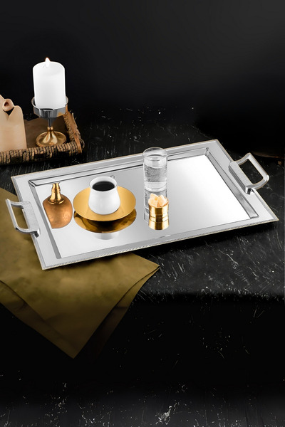 ÖzSa Home Mios 18/10 Stainless Steel Presentation Tray with Handles Promise Engagement Service Tea Tray